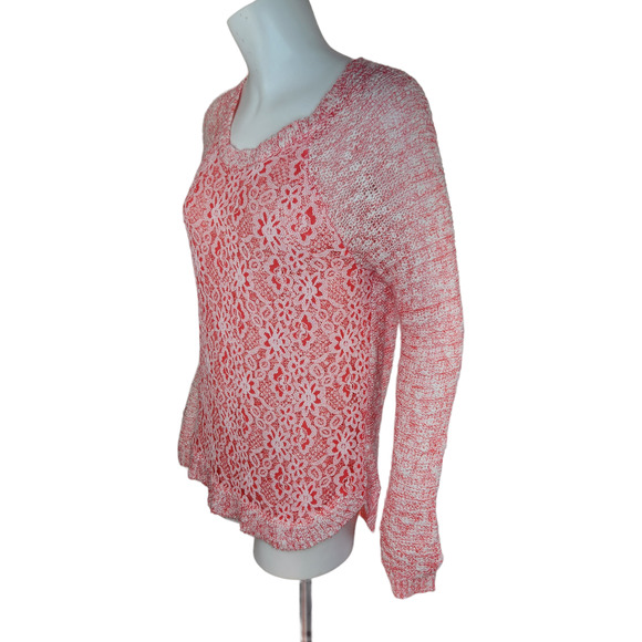 Cloud Chaser Size Large Pink White Open Knit Floral Lace Long Sleeve Sweater - Picture 5 of 13